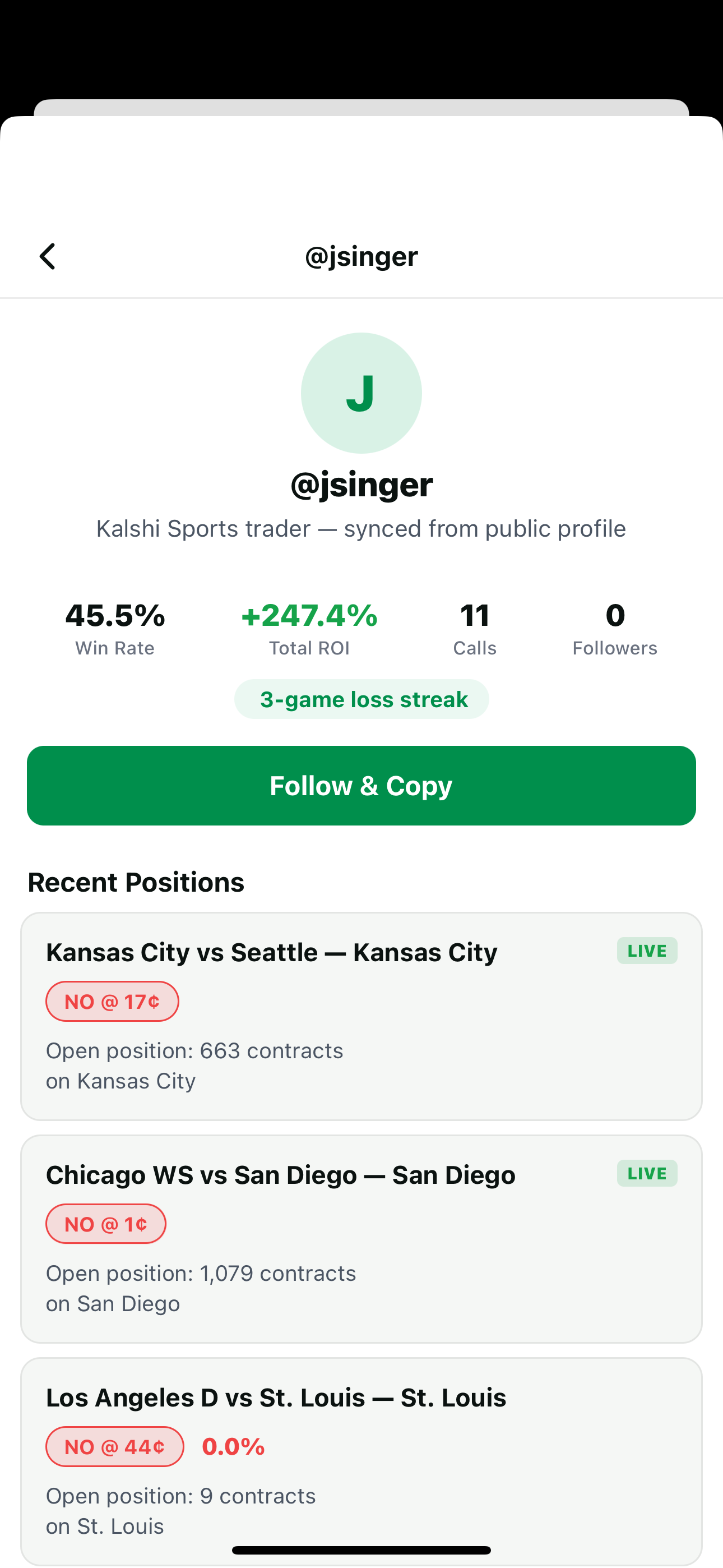 Follow and copy a prediction market trader's positions